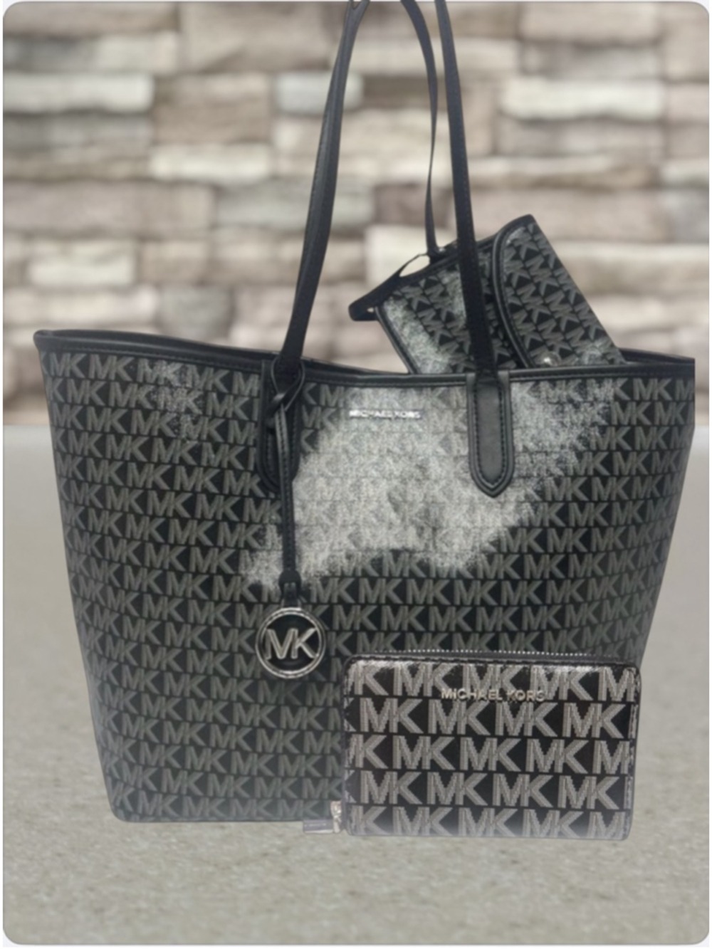 Michael Kors Eliza XL Tote + Pouch & Wallet Set MK Signature Logo Black Metallic